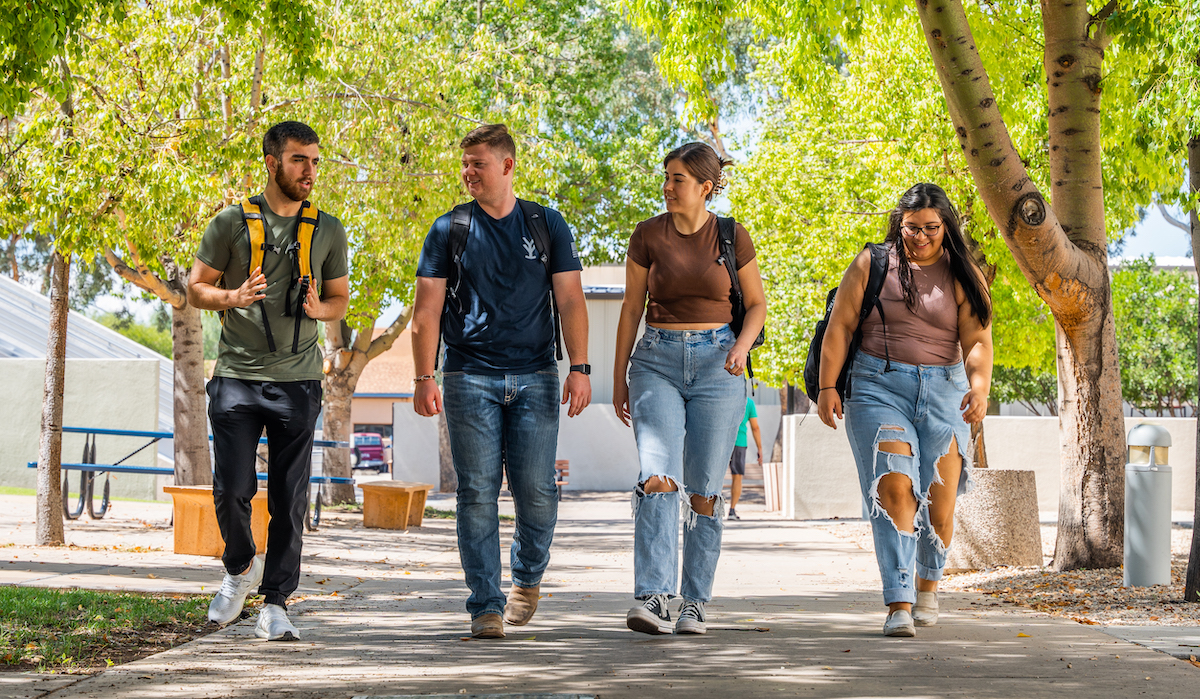 Students walking under trees on campus